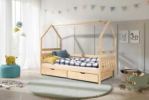 KEF Emma Kinderbett 80x170 cm - Hausbett für Schlafzimmer - Bodenbett aus Holz - Babybett mit Matratze - Floor Bed - Jugendbett und Mädchenbett für Kinderzimmer - Kiefer