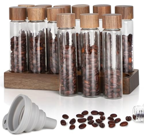 EFUTURETIME 12 x Kaffeebohnen Behälter Glas, luftdicht mit Holzständer | Einzeldosis Röhrchen mit 12-Loch Ständer und Silikontrichter, Aufbewahrung Röhrchen für Espressobohnen