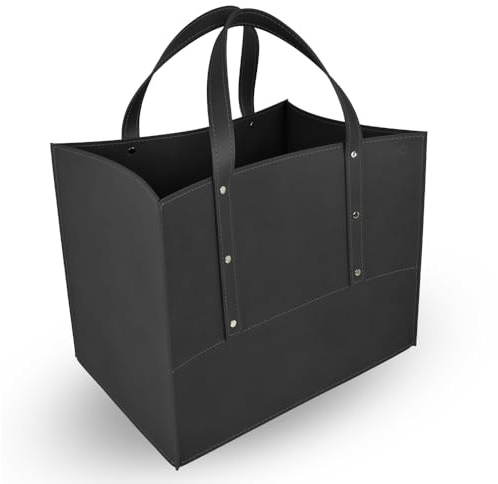 LIMAC Design MANEGHE Kaminholztasche aus Leder für den Innenbereich, Holzkorb für Brennholz, Brennholztasche mit gummierten Rädern, Hergestellt in Italien. (Schwarz)