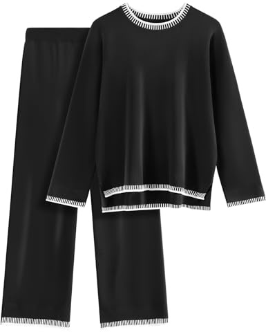 Xnova Zweiteiler Damen Langarm Lounge Sets Hausanzug | Freizeit Schlafanzug mit Gerippt Strickpullover Hose Lange Bequeme Outfit Elastische Sportanzug Weites Bein Hosen Oberteil