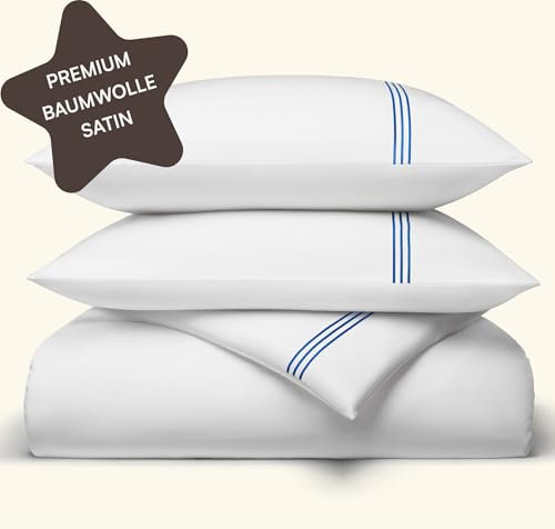 Amqua Sábanas de Ropa de cama de satén Mako 135 x 200 cm, color blanco y azul, juego de ropa de cama de 135 x 200 cm, ropa de cama de hotel 135 x 200 cm, 40 x 80 cm