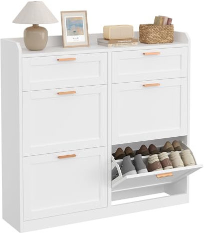 KIMENICH Schuhschrank mit 4 Klappen, Schuhkipper Schmal, Schuhschrank mit 2 Schubladen, Trennwand Verstellbar, für 16-24 Paar Schuhe, Flur, Portale, 24 x 100 x 103 cm, Weiß