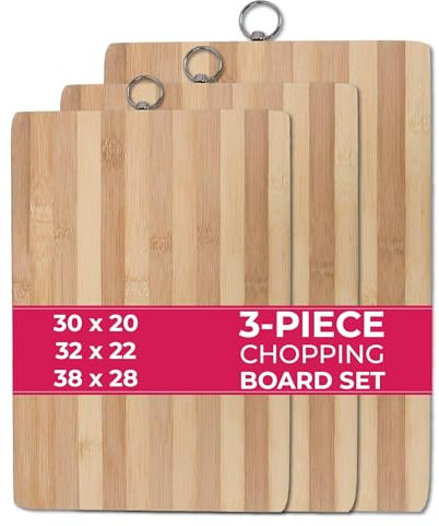STL Premium Bamboo Wooden Chopping Board 3 Piece Set, Non-Slip Thick Cutting Panel for Meat, Vegetables, Cheeses, Bread, Lightweight Kitchen Board Ideal for Carving, Slicing and Food Preparation