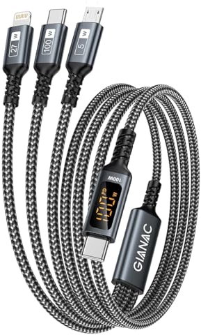 100W Câble USB C vers Multi USB [1.2M] 3 en1 Câble Universel vec écran LED Charge Rapide Chargeur avec Micro Type C Lightning Multi Connecteur pour Samsung;Macbook Pro/Air;iPad Pro;iPhone;Huawei