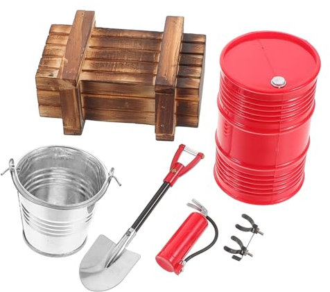Générique 5 Pièces Rc Échelle Extincteur Conteneur D'huile Pelles Seau Mini Boîte De Rangement en Bois Accessoires De Décoration Compatible avec 1/10 Rc Voiture sur Chenilles Rouge