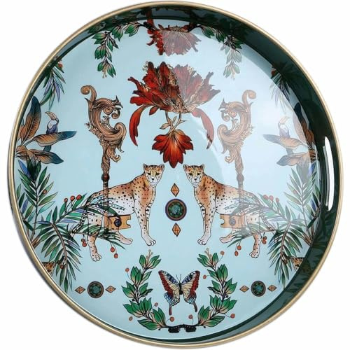 Simmer Stone Round Decorative Tray, Plastic with Handles, Modern Vanity And Serving for Ottoman, Coffee Table, Kitchen and Bathroom, Size 13 INCH (Green Leopard)