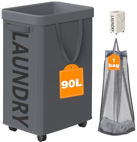 Optish 90L Wäschekorb mit Rollen, Wäschekorb Schmal Rollender, Faltbare Wäschekorb mit Herausnehmbarem Netzbeutel für Schlafzimmer, Schlafsaal und Waschküche, Grau