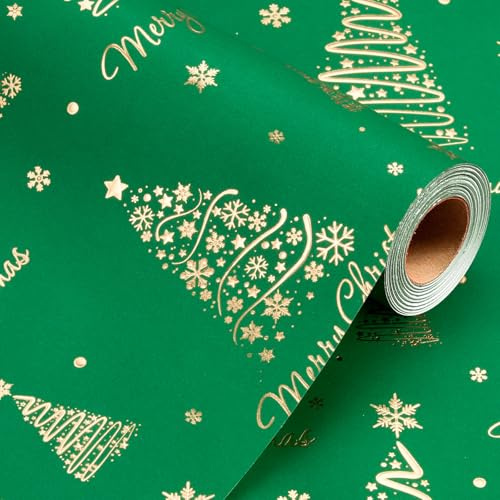 Wikadlik Grünes Geschenkpapier, geprägter goldener Weihnachtsbaum, niedliche Schneeflocke, Geschenkpapier, Mini-Rolle für Weihnachten, Winter, Urlaubsfeier – 43 cm x 10 m