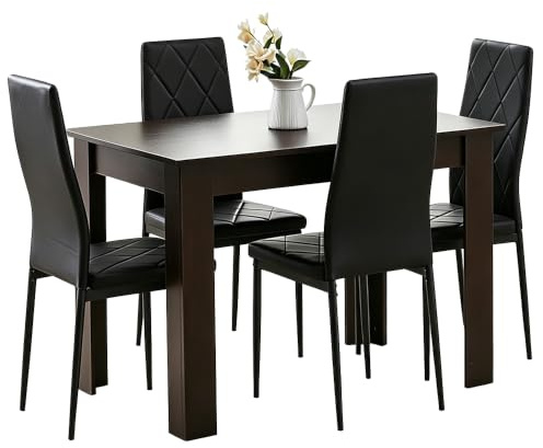 Homullel 5 Piece Dining Room Table and Chairs Set for Dining Room Kitchen, Modern Wooden Dining Table with Chairs for Family Dinner Set (With 4Pcs Black Argyle Leather Chairs, 110cm Black Table)