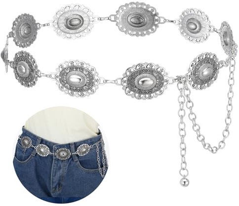 Lnngub Gürtel Silber, Verstellbarer Kettengürtel Damen Metall Hüftgürtel Ausgehöhlter Daisy Silberner Gürtel Vintage Ziergürtel für Hemd, Kleid, Jeans, Pullover, Bühnenkostüme