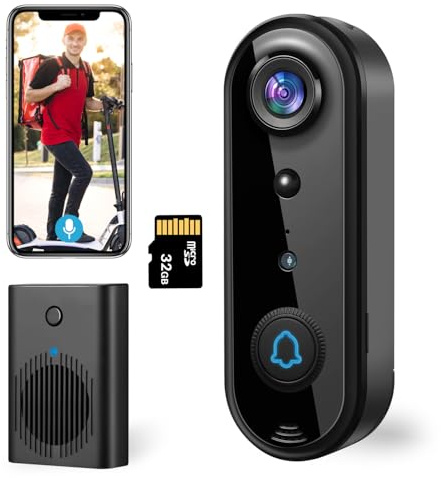 Taishixing HD Wireless Video Doorbell Camera with Chime, Smart Human Detection, Real-time Alert, FHD Night Vision, Two-Way Audio, IP65 Waterproof, 2.4Ghz WiFi, 32GB SD Card Storage/Cloud Storage (2K)