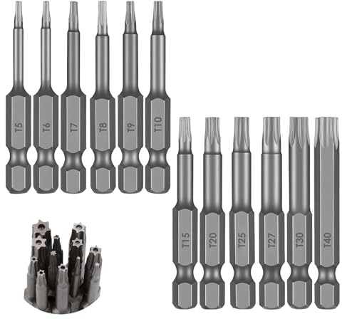 12 Pièces Embouts de Tournevis Torx 6 Pans, Embout de Sécurité Torx Magnétique 1/4 Pouce, Tournevis Étoile de Sécurité Magnétique BST T5 T6 T7 T8 T9 T10 T15 T20 T25 T27 T30 T40-50 mm