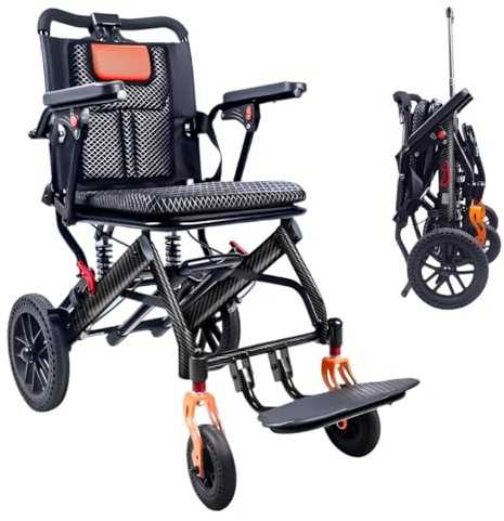 Silla de ruedas plegable portátil de aluminio ligero para adultos, ancianos con freno de mano, asiento de 42 cm de ancho, absorción, diseño fácil de transportar