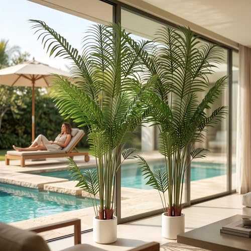 BEAUTYPEAK Palm Plant Kunstpflanze 200cm, Groß Künstliche Pflanze Wie Echt mit weißem Topf, Standfest, Biegbare Blätter, XXL Zimmerpflanze Deko für Wohnzimmer Schlafzimmer Büro Flur, 2 Stück