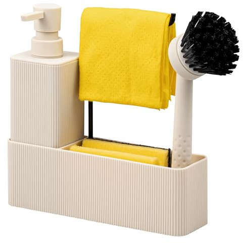 eluno Spülbecken Organizer mit Soft-Touch Oberfläche für Küche & Bad, Spülutensilienhalter inkl. Seifenspender, Spülbürste mit Bürstenkopf und Spültuchhalter, mit Ersatzbürstenkopf und Pumpe (Beige)
