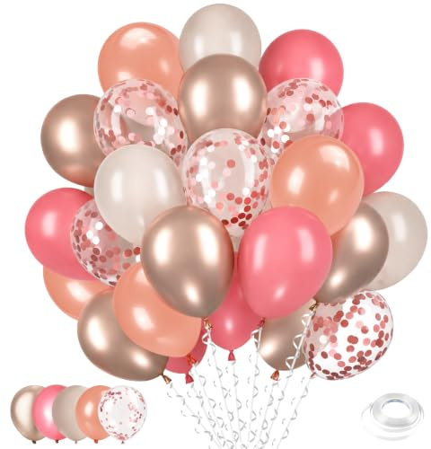 Morofme Rosa Luftballons Rosegold 60 Stück, 12 Zoll Vintage Helium Ballons Rosa mit Metallic Luftballons Gold, Konfetti Ballons für Mädchen Frau Geburtstag Boho Hochzeit Verlobung Babyshower Partydeko