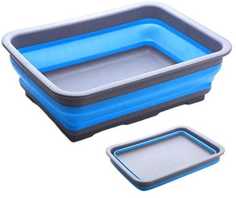 Barreño Plegable 10L, Cubeta de Silicona y PP para Cocina, Camping y Limpieza, Recipiente Plegable Multiusos para Verduras, Lavado y Almacenamiento（Bleu-Gris）