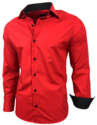 Baxboy R-44 Chemise à manches longues pour homme Coupe ajustée Repassage facile Pour costume et occasions professionnelles, mariage, loisirs - Rouge - L