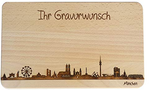 Brotzeitbrett München Skyline | Frühstücksbrettchen aus Buche | Holz Schneidbrett | München Souvenir | Bayern | Frühstücksbrett (Brett L (26x16x1,5cm), mit persönlicher Gravur)