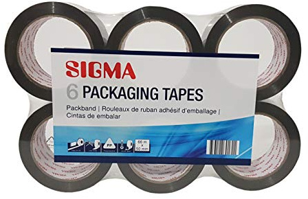 SIGMA Lot de 6 rubans adhésifs d'emballage pour colis et boîtes 66 m x 50 mm Ruban adhésif d'emballage solide. Facile à rouler. Faible bruit, marron