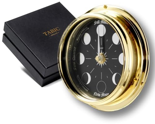 Tabic Handmade Prestige Moon Phase Clock in Solid Brass - Elegant Full Moon Wall Clock with Jet Black Dial, Stunning Look with Mirrored Backdrop and Chrome Hands, Perfect Decorations and Gift