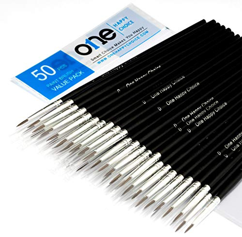 50 Pcs Fine Detail Synthetic Paint Brush Set, Pointed Round Size #0 Medium | Extra Fine Tip for Miniature, Scale Model, Figurine, Rock & Nail Painting with Acrylic Watercolor Oil Gouache Enamel & Ink