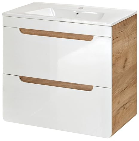Lomadox Waschtischunterschrank mit 61 cm Keramikbecken LUTON-56, Hochglanz weiß mit Wotan Eiche Nb., B/H/T ca. 61/60,8/46 cm