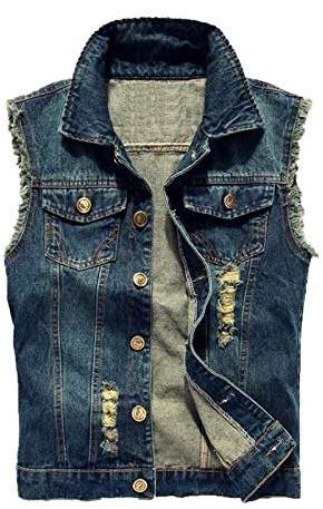 Cicilin herr denim Gilet vardaglig rippad vintage cyklist väst cowboy ärmlös väst jacka, Mörkblått, M