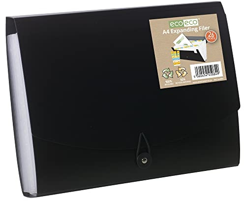 eco-eco A4 50% Recycled 26 Clear Pocket Black Cover Accordion Expanding File Organiser - Document Folder - Printed Index Tabs, A4-26 Pocket, eco084