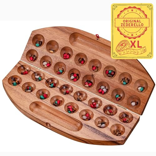 Zederello Hus Bao 35cm Mancala klappbares Strategiespiel aus hochwertigem Holz Kalaha Bohnen-Spiel, Brett und Steinchen