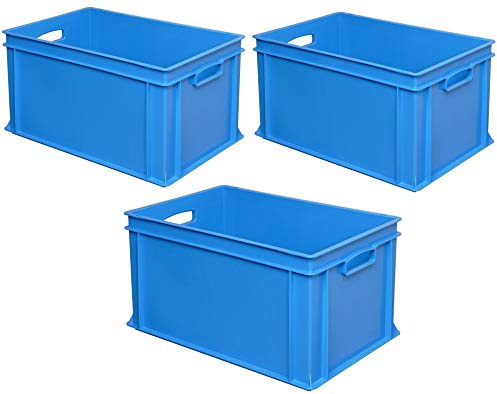 BRB 3x Eurobehälter mit 2 Durchfassgriffen, LxBxH 600x400x320 mm, 63 Liter, blau