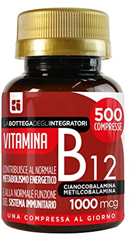 Vitamina B12 1000 mcg 500 Compresse 1 al dì | origine non animale | Cianocobalamina e Metilcobalamina | Sistema Immunitario e Energia |Senza Glutine e Lattosio LA BOTTEGA DEGLI INTEGRATORI