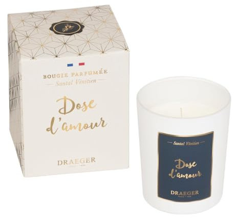 DRAEGER PARIS - Bougie blanche parfumée Santal Vénitien Dose d'amour - Idée Cadeau pour Amis, Couple, Amoureux, Collègue, Famille, Sœur - Pot en verre - Made in France - 100% Cire Végétale