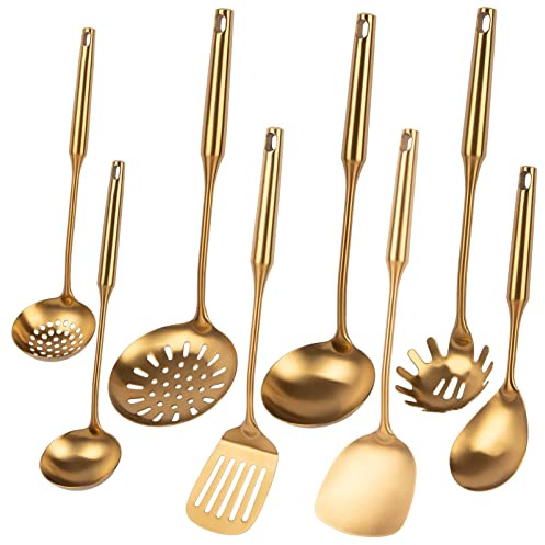 Standcn Lot de 8 ustensiles de cuisine en acier inoxydable doré – Cuillère/passoire, spatule, louche, écumoire, spatule ajourée, spatule à spaghetti, grande cuillère