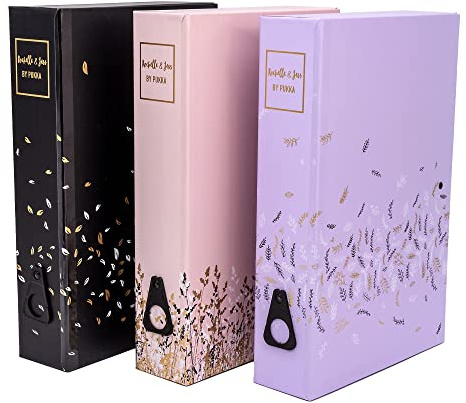 Pukka Pad, Rochelle & Jess A4 Paperboard Box Files for School and Office Document Organisation – Pack of 3 Chic Designs – Lilac, Pink, and Black with Gold Foil Detail and Contrasting Gold Interior