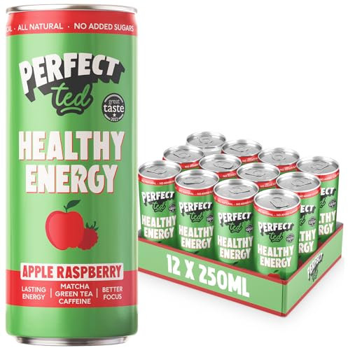PerfectTed Apple Raspberry Healthy Energy Drink, 12 x 250ml Cans, All-Natural Green Tea Caffeine (80mg) & L-Theanine | Low Calorie (30KCAL) | Vegan | Gluten-Free
