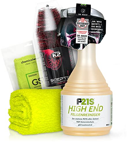 Felgenreiniger Set: Dr. Wack P21S HIGH END Felgen Reinigung für alle Felgen + K2 PRO Felgenbürste + ChemicalWorkz Premium Mikrofasertuch 500GSM | 3-teilig