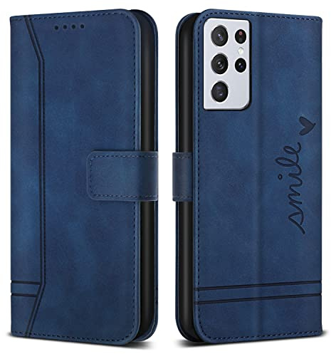 Bravoday Hülle für Galaxy S22 Ultra, PU Ledertasche Handyhülle Flip Schutzhülle Kompatibel mit Galaxy S22 Ultra, mit Kartenfäch & Kickstand, Blau