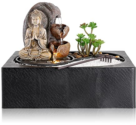 Dyna-Living Water Fountains Indoor Small Tabletop Water Fountain Waterfall Fountain with Zen Garden LED Warm Light Buddha Fountains Indoor for Home Zen Room Decor