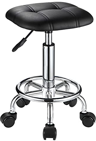 FNZIR Taburete Cuadrado de Poliuretano con Ruedas, Altura Ajustable, Silla de Oficina, Color Negro