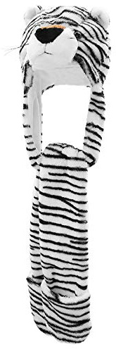 YLfly Plüsch-Tiermütze, 3-in-1-Mütze mit langem Schal, Fäustling-Kombination, volle Taschen, Ohrkappe, Kapuzenpullover, Handschuhe, Weihnachten, Halloween, Party-Kostüm, weißer tiger, M