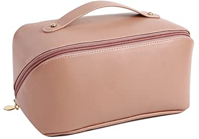 CORIOS Large Capacity Travel Cosmetic Bag Make Up Bag with Handle and Zipper Multifunction Waterproof Toiletry Bag PU Travel Organiser Bag Wash Bag for Women Ladies Girls Pink A
