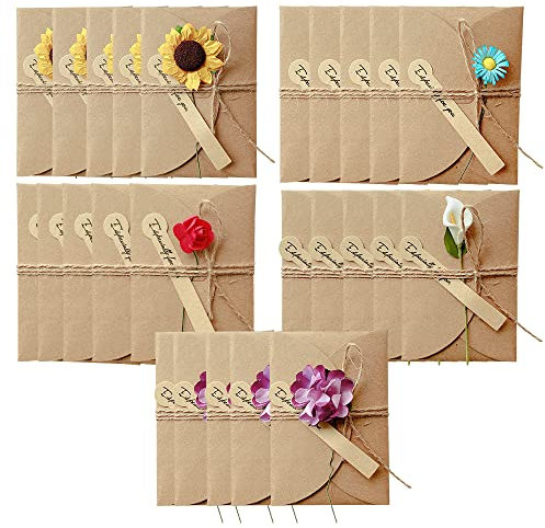 WYAN 25 Stück Getrocknete Blumen Grußkarten mit Kraftumschlag,5 verschiedene Arten von Blumen,Handgefertigte Grußkarten,Dankskarten(105 * 71mm)