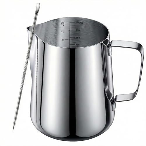 Milk Frothing Pitcher 12oz with Measurements, Stainless Steel Espresso Steaming Pitcher (350ml) & Latte Art Pen - Metal Creamer Cup & Barista Espresso Machine Accessories for Cappuccino, Macchiato