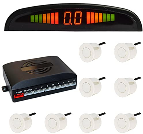 Riloer Car Front and Rear Security Reversing Radar Kit, LED Display Buzzer Alarm 8 Sensor Front and Rear Parking Sensor Prompt for Cars (White)