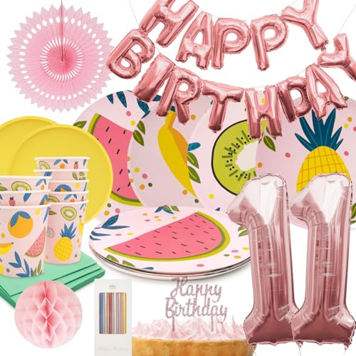 PARTY PARTY 74 Teile Geburtstag Sommer Partygeschirr 11. Geburtstag rosa Deko, 8 Gäste (Becher, Teller, Servietten, Tortendeko, Folienballons, Girlande, Wabenball) Kindergeburtstag Mädchen