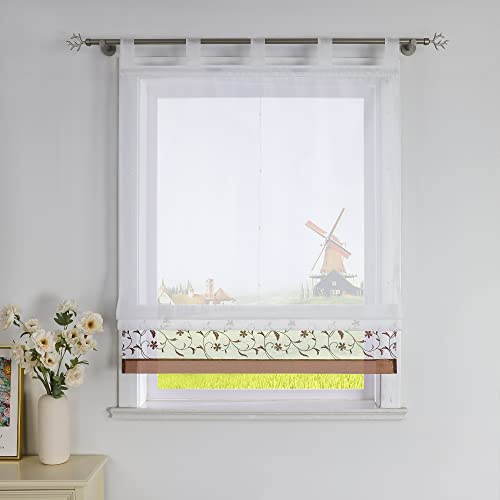CORLIF Raffrollo mit Blumenmuster Bestickte Raffgardine Küche Modern Schlaufenrollo Leinenoptik Transparente Rollo Kurz Fenster Schal Landhaus mit Schlaufen B/H 140/150 cm Braun