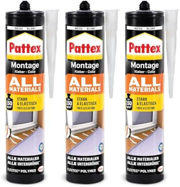 Pattex Montagekleber All Materials, stark haftender Alleskleber, Kraftkleber für innen & außen, Kleber für saugende und nichtsaugende Materialien, 3 x 450g