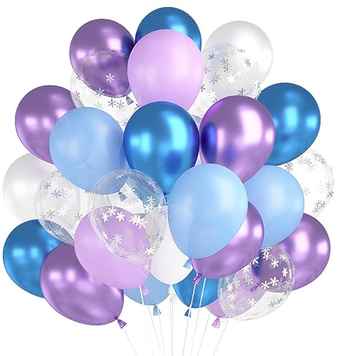 Ballonger blå lila vit, 60 stycken frozen ballonger blå lila födelsedag, latexballonger lila blå metalliska ballonger, snöflingor konfettiballonger för frozen födelsedag fest dekoration flickor
