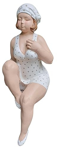 Aspinaworld Gartenfigur Badenixe Kantensitzer 31 cm hell mit feinen grauen Punkten und Schleife – Badefrau dezent, Bademädchen Figur Garten wetterfest Deko